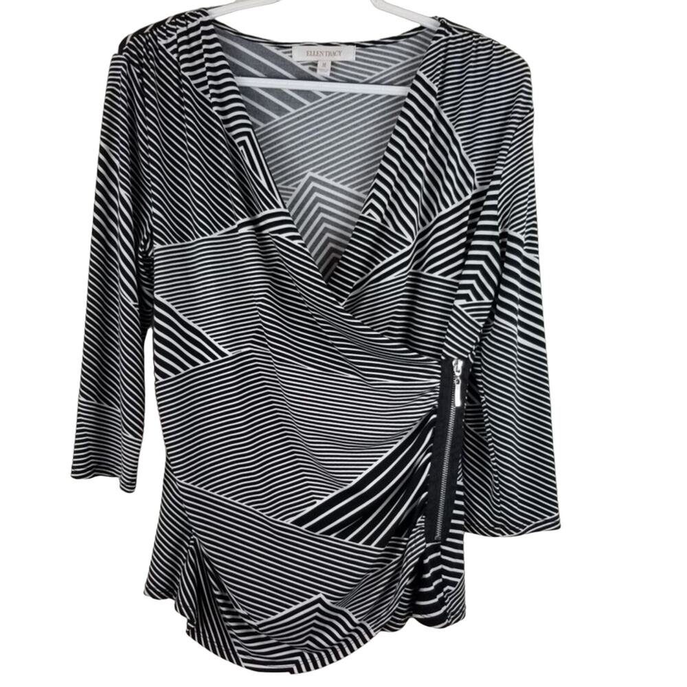Ellen Tracy Black White Geometric Zip Wrap Style BlouseWork Business Women's M